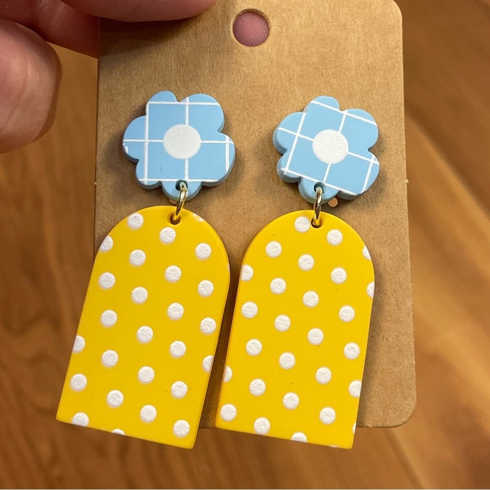 Blue Flower Yellow Polka Dot Dangle Post Fashion Earrings